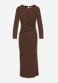 Born2be - Brązowa Dopasowana Sukienka z Wiskozą i Metaliczną Ozdobą Tivallea. Kolor: brązowy. Materiał: wiskoza. Wzór: aplikacja. Styl: klasyczny #6