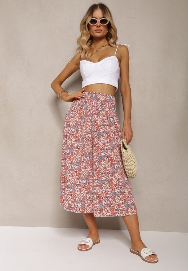 Renee - Różowe Szerokie Spodnie Culotte High Waist z Gumką w Talii Vikiisona. Stan: podwyższony. Kolor: różowy. Materiał: tkanina. Sezon: lato