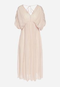 Born2be - Beżowa Sukienka Rozkloszowana z Wiązaniem na Szyi o Luźnym Kroju Napila. Okazja: na co dzień. Typ kołnierza: dekolt w kształcie V. Kolor: beżowy. Styl: klasyczny, casual, elegancki #7