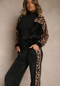Renee - Czarny Welurowy Komplet Dresowy Spodnie i Bluza z Panterkowym Printem Koratess. Kolor: czarny. Materiał: welur, dresówka. Wzór: nadruk. Sport: turystyka piesza #4
