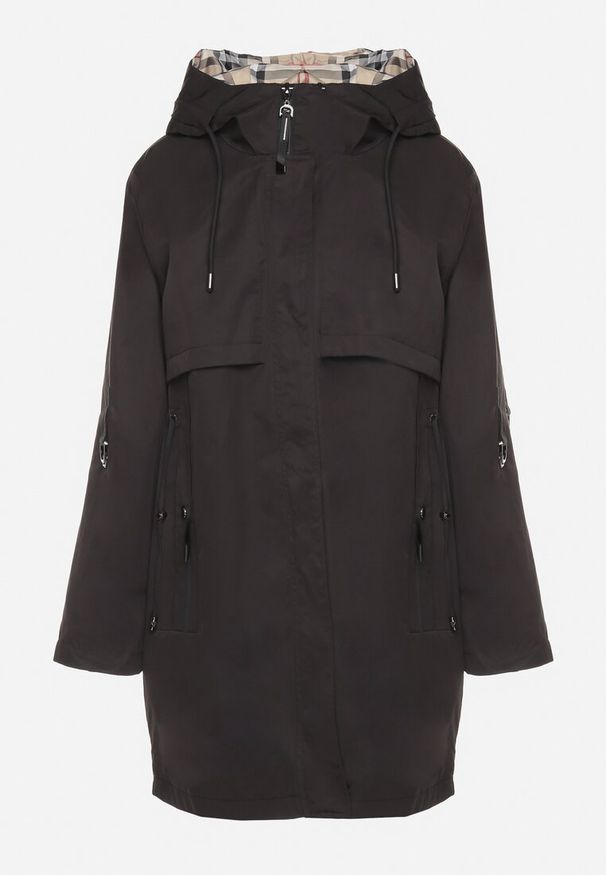 Born2be - Czarna Kurtka Parka z Podpinanymi Rękawami i Kapturem ze Wstawkami w Kratę Kaithna. Okazja: na co dzień. Kolor: czarny. Materiał: jeans. Wzór: kratka. Styl: elegancki, klasyczny, casual