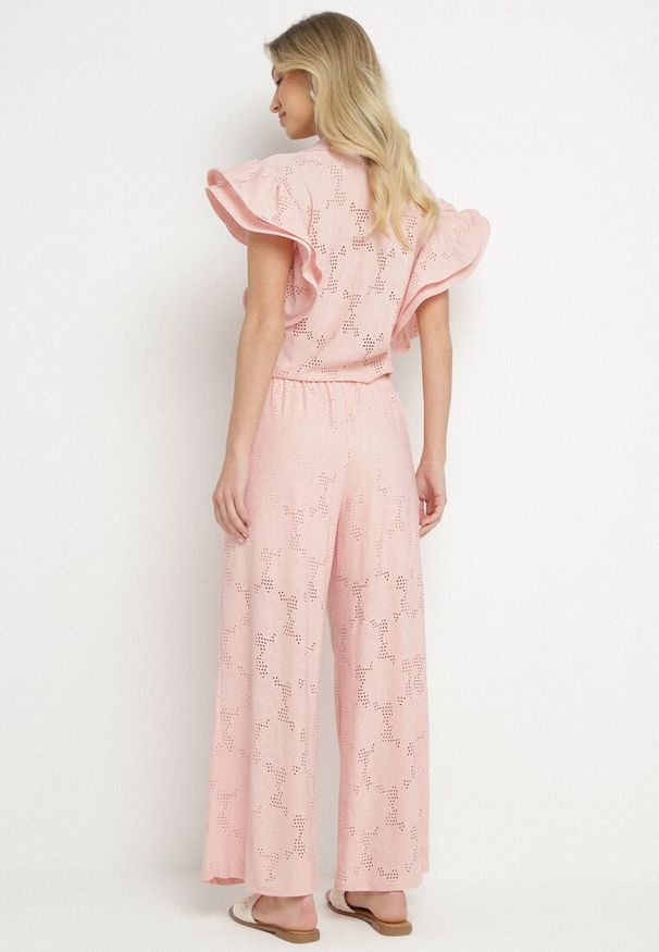 Born2be - Różowy Ażurowy Komplet Koszulowa Bluzka z Wiązaniem i Szerokie Spodnie Linarisa. Kolor: różowy. Wzór: ażurowy