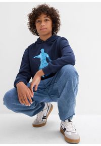 bonprix - Bluza z kapturem z miękkiej mieszanki bawełny. Typ kołnierza: kaptur. Kolor: niebieski. Materiał: bawełna. Wzór: nadruk #2