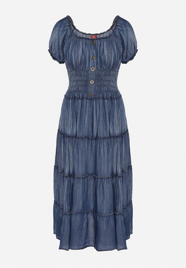 Born2be - Niebieska Sukienka Hiszpanka z Marszczoną Gumką w Talii Zeldexira. Okazja: na co dzień. Typ kołnierza: dekolt hiszpanka. Kolor: niebieski. Materiał: materiał. Długość rękawa: krótki rękaw. Sezon: wiosna, lato. Styl: casual, klasyczny