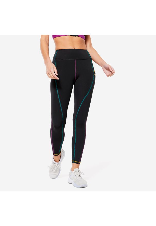 DOMYOS - Legginsy fitness damskie Domyos. Kolor: czarny. Materiał: materiał, poliamid, poliester, elastan. Sport: fitness