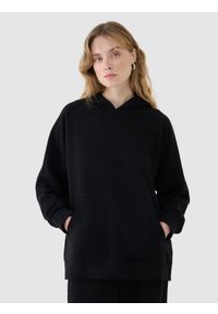 4f - 4F Bluza dresowa nierozpinana z kapturem damska - czarna XS. Okazja: na co dzień. Typ kołnierza: kaptur. Kolor: czarny. Materiał: dresówka. Długość rękawa: raglanowy rękaw. Wzór: gładki, ze splotem. Styl: sportowy, casual