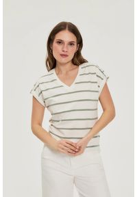 MOODO - Bluzka w paski oliwkowa. Kolor: oliwkowy. Materiał: bawełna, elastan. Wzór: paski #1