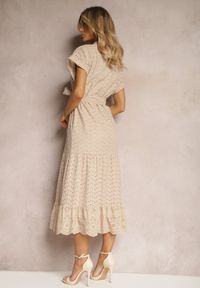 Renee - Beżowa Koszulowa Sukienka z Ażurowej Bawełny Wiązana w Talii Lulilena. Okazja: na spacer. Kolor: beżowy. Materiał: bawełna. Długość rękawa: krótki rękaw. Wzór: ażurowy. Sezon: lato. Typ sukienki: koszulowe. Styl: elegancki #4