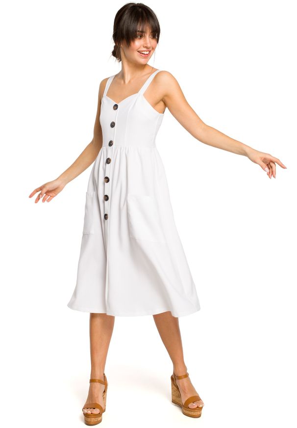 e-margeritka - Sukienka na ramiączkach midi biała - 36. Kolor: biały. Materiał: len, tkanina, poliester, materiał. Długość rękawa: na ramiączkach. Wzór: aplikacja. Sezon: lato. Typ sukienki: dopasowane, rozkloszowane. Długość: midi