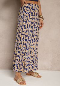 Renee - Granatowo-Beżowa Rozkloszowana Spódnica z Wiskozy High Waist Fevanice. Okazja: na co dzień. Stan: podwyższony. Kolor: niebieski. Materiał: wiskoza. Styl: elegancki, casual #4