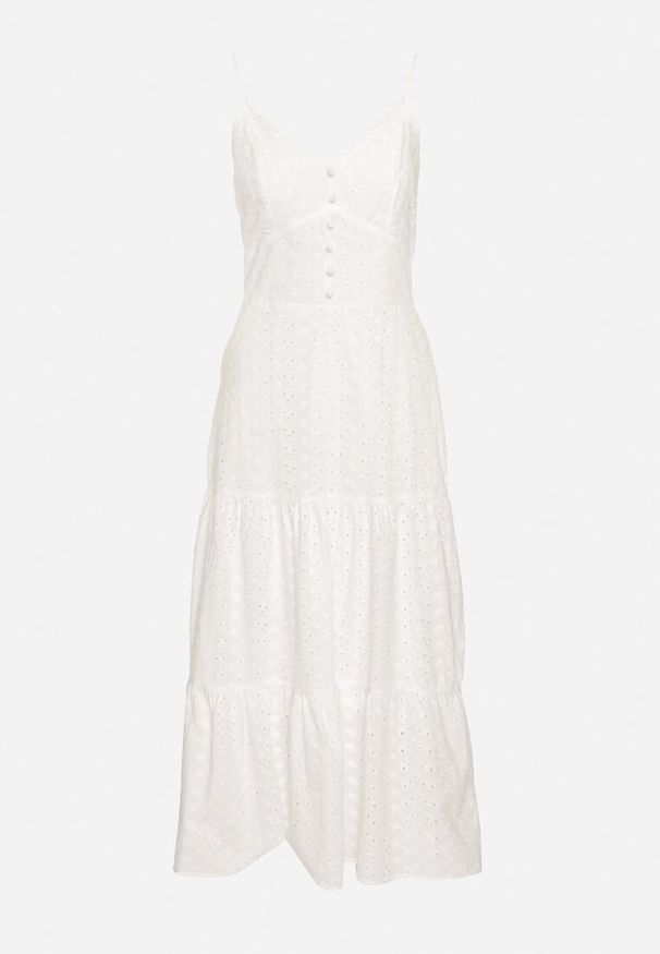 Born2be - Biała Sukienka z Bawełny na Cienkich Ramiączkach z Haftowanej Tkaniny z Gumkami z Tyłu Nellarae. Okazja: na co dzień, na spacer. Typ kołnierza: dekolt w kształcie V. Kolor: biały. Materiał: bawełna, tkanina. Długość rękawa: na ramiączkach. Wzór: haft. Sezon: lato. Styl: casual