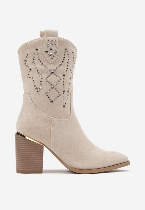 Renee - Beżowe Botki na Słupku w Stylu Kowbojek Irilianne. Okazja: na co dzień. Kolor: beżowy. Materiał: koronka, jeans. Obcas: na słupku. Styl: wizytowy, casual. Wysokość obcasa: średni