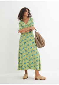 bonprix - Długa sukienka z nadrukiem, krótki rękaw. Kolor: zielony. Materiał: wiskoza. Długość rękawa: krótki rękaw. Wzór: nadruk. Długość: maxi