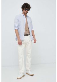 Calvin Klein koszula lniana męska kolor niebieski slim z kołnierzykiem klasycznym. Typ kołnierza: kołnierzyk klasyczny. Kolor: niebieski. Materiał: len. Długość rękawa: długi rękaw. Długość: długie. Styl: klasyczny #5