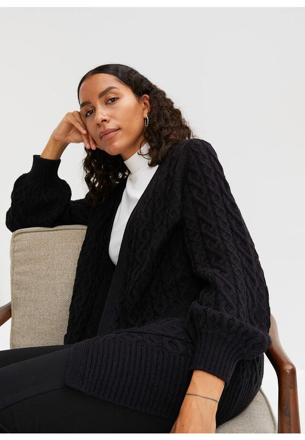 bonprix - Długi kardigan. Kolor: czarny. Materiał: dzianina. Długość: długie
