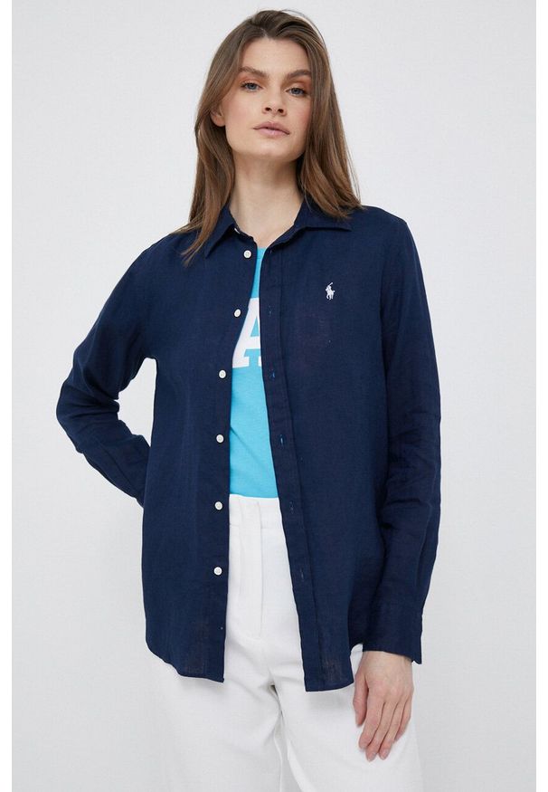 Polo Ralph Lauren koszula lniana kolor granatowy regular z kołnierzykiem klasycznym. Okazja: na co dzień. Typ kołnierza: kołnierzyk klasyczny, polo. Kolor: niebieski. Materiał: len. Wzór: gładki, aplikacja. Styl: klasyczny