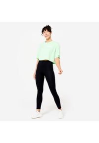 DOMYOS - Koszulka z krótkim rękawem damska Domyos Gym & Pilates crop top. Kolor: zielony. Materiał: materiał, włókno, lyocell, bawełna. Długość rękawa: krótki rękaw. Długość: krótkie. Sport: joga i pilates