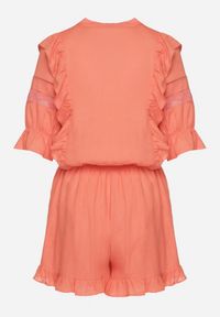 Born2be - Pomarańczowy Kombinezon z Lnu i Wiskozy w Stylu Boho z Falbankami i Koronką Linalisse. Okazja: na co dzień. Kolor: pomarańczowy. Materiał: koronka, wiskoza, len. Wzór: koronka. Styl: boho #6