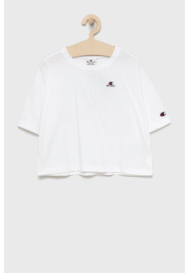 Champion t-shirt bawełniany dziecięcy kolor biały. Kolor: biały. Materiał: bawełna. Długość rękawa: krótki rękaw. Długość: krótkie. Wzór: aplikacja