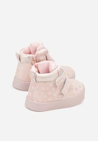 Born2be - Różowe Ocieplone Botki na Rzepy z Błyszczącymi Kwiatkami Atisae. Okazja: na co dzień. Zapięcie: rzepy. Kolor: różowy. Materiał: jeans. Wzór: kwiaty. Styl: casual #4