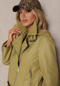 Renee - Jasnozielona Kurtka w Stylu Ramoneski z Paskiem z Regulacją i Asymetrycznym Suwakiem Braliona. Kolor: zielony. Materiał: jeans. Styl: rockowy #5