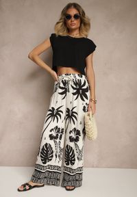 Renee - Czarno-Beżowe Szerokie Spodnie z Gumką w Pasie w Stylu Boho Evirami. Kolor: czarny. Sezon: lato. Styl: boho #5