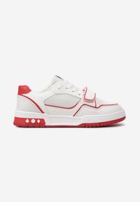 Born2be - Biało-Czerwone Sneakersy przed Kostkę z Paskiem na Rzep i Ozdobnymi Przeszyciami Elicela. Okazja: do pracy, na co dzień. Wysokość cholewki: przed kostkę. Zapięcie: rzepy. Kolor: biały. Szerokość cholewki: normalna. Wzór: aplikacja #4