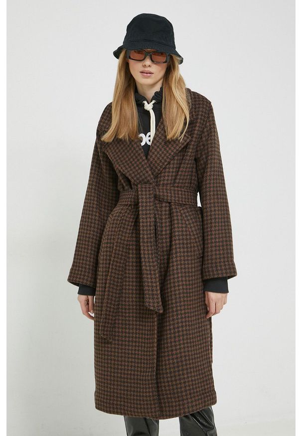 Abercrombie & Fitch płaszcz z domieszką wełny kolor brązowy przejściowy oversize. Kolor: brązowy. Materiał: wełna. Styl: klasyczny