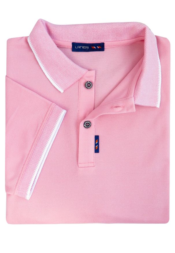 Różowa koszulka polo Lanieri Fashion w kratkę, krótka