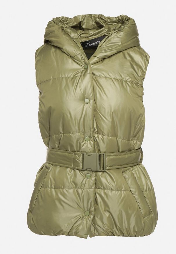 Born2be - Zielona Pikowana Kamizelka z Kapturem i Dodatkowym Paskiem Erithani. Okazja: na co dzień. Typ kołnierza: kaptur. Kolor: zielony. Materiał: jeans. Styl: wizytowy, casual, elegancki