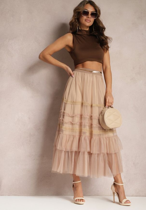 Renee - Beżowa Rozkloszowana Spódnica Maxi z Gumką w Talii i Falbanami z Tiulu Estime. Kolor: beżowy. Materiał: tiul