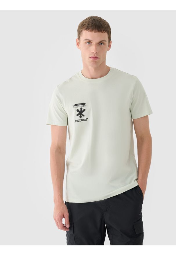 4f - 4F T-shirt regular z nadrukiem męski - turkusowy XL. Okazja: na co dzień. Kolor: turkusowy. Materiał: bawełna, jersey, dzianina. Długość rękawa: krótki rękaw. Długość: krótkie. Wzór: nadruk. Styl: sportowy, klasyczny, casual