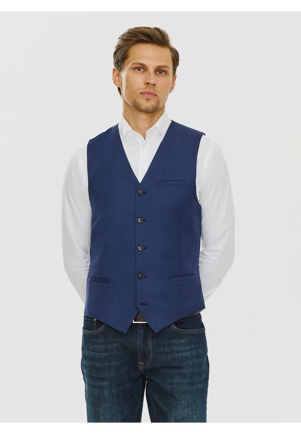 Pako Lorente - PAKO LORENTE – Granatowa męska elegancka kamizelka. Okazja: na wesele, na ślub cywilny. Kolor: niebieski. Materiał: wiskoza, poliester. Styl: elegancki