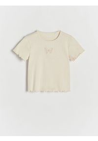 Reserved - T-shirt z haftem - kremowy. Kolor: kremowy. Materiał: bawełna. Wzór: haft #1