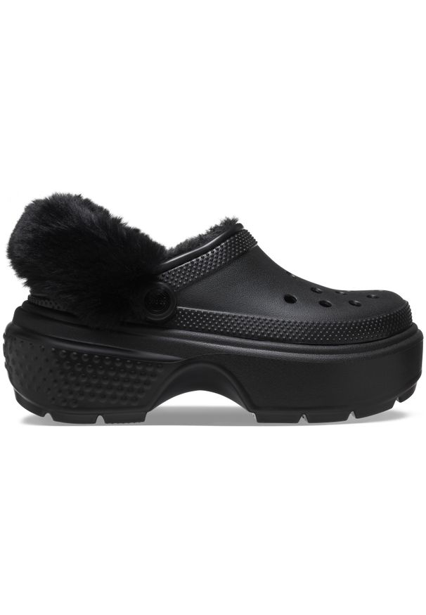 Kapcie Crocs Stomp Unisex Czarne. Okazja: na co dzień, do domu. Kolor: czarny. Materiał: futro. Styl: casual, sportowy