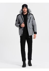 Ombre Clothing - Zimowa kurtka męska z regulowanym kapturem z odpinanym futerkiem - szaro-czarna V1 OM-JAHP-0144 - XXL. Kolor: szary. Materiał: futro. Sezon: zima #4
