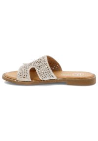 Klapki damskie Filippo, na płaskim obcasie materiałowe bogato zdobione, beżowe, DK6973-25-BE. Okazja: na co dzień. Kolor: beżowy. Materiał: materiał. Wzór: aplikacja. Sezon: lato. Obcas: na obcasie. Styl: wakacyjny, glamour, casual, elegancki. Wysokość obcasa: niski #4