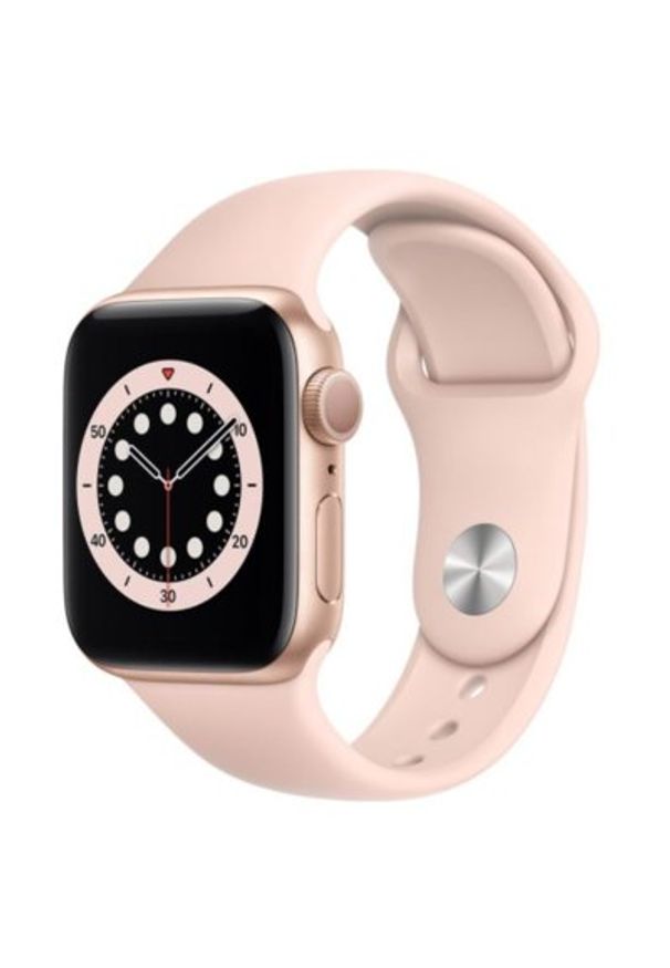 APPLE Watch 6 40mm (Złoty z opaską sportową w kolorze różowym). Rodzaj zegarka: smartwatch. Kolor: złoty, wielokolorowy, różowy. Materiał: poliester, nylon, guma, materiał. Styl: sportowy