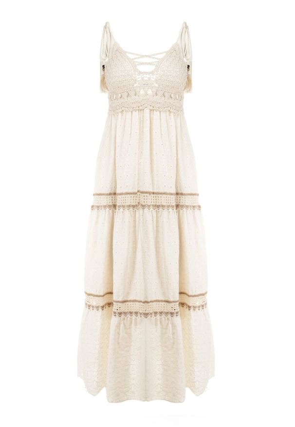 Born2be - Jasnobeżowa Sukienka Chrysis. Kolor: beżowy. Materiał: tkanina, koronka, bawełna. Długość rękawa: na ramiączkach. Wzór: aplikacja, haft, koronka. Styl: boho. Długość: maxi