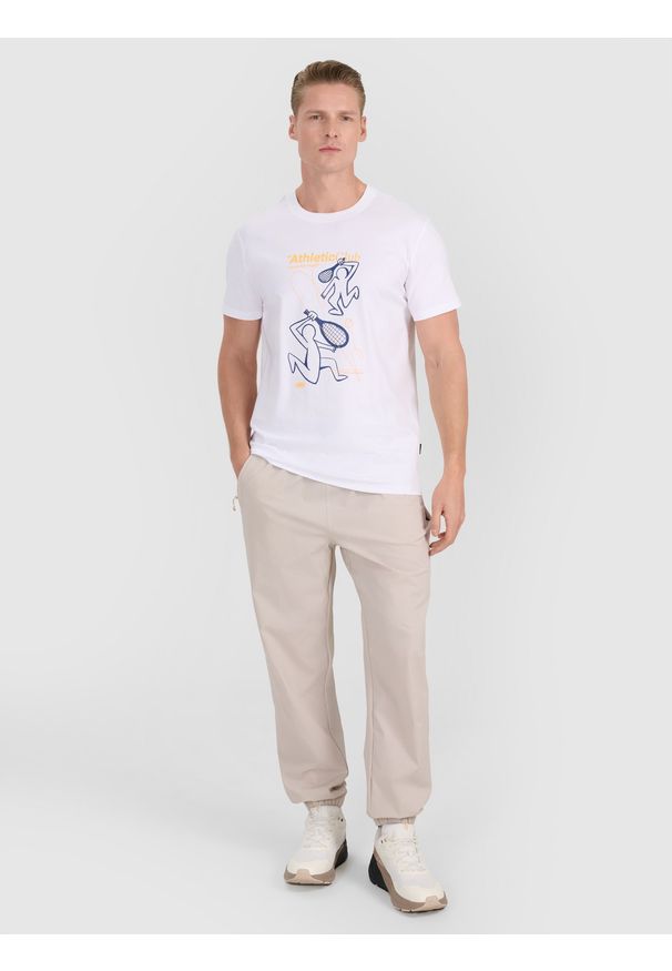 4f - 4F T-shirt regular z nadrukiem męski - biały S. Okazja: na co dzień. Kolor: biały. Materiał: jersey, materiał, bawełna. Długość rękawa: krótki rękaw. Długość: krótkie. Wzór: nadruk. Styl: sportowy, klasyczny, casual