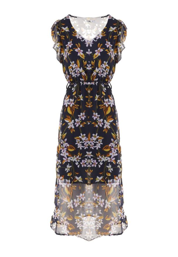 Born2be - Granatowa Sukienka Gobney. Kolor: niebieski. Materiał: wiskoza, tkanina, materiał. Długość rękawa: krótki rękaw. Wzór: kwiaty. Długość: midi