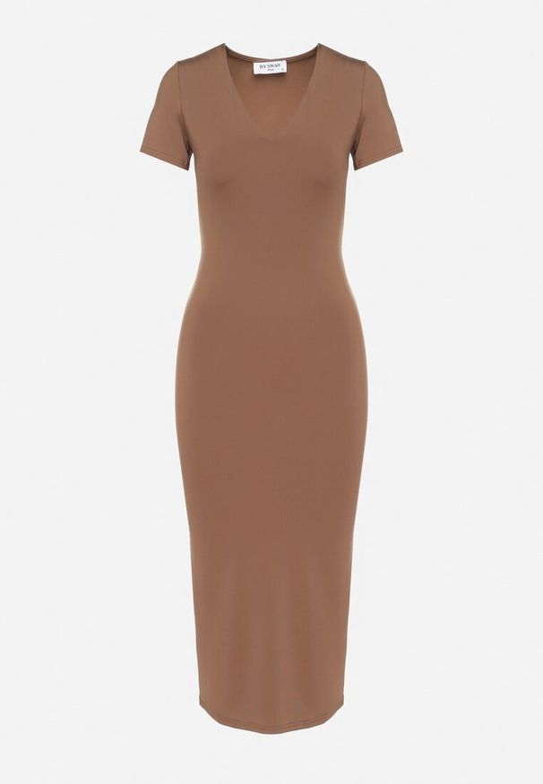 Born2be - Brązowa Sukienka Dopasowana Bodycon z Dekoltem w Serek Efricene. Okazja: na co dzień. Typ kołnierza: dekolt w serek. Kolor: brązowy. Materiał: jeans. Długość rękawa: krótki rękaw. Typ sukienki: bodycon. Styl: klasyczny, casual
