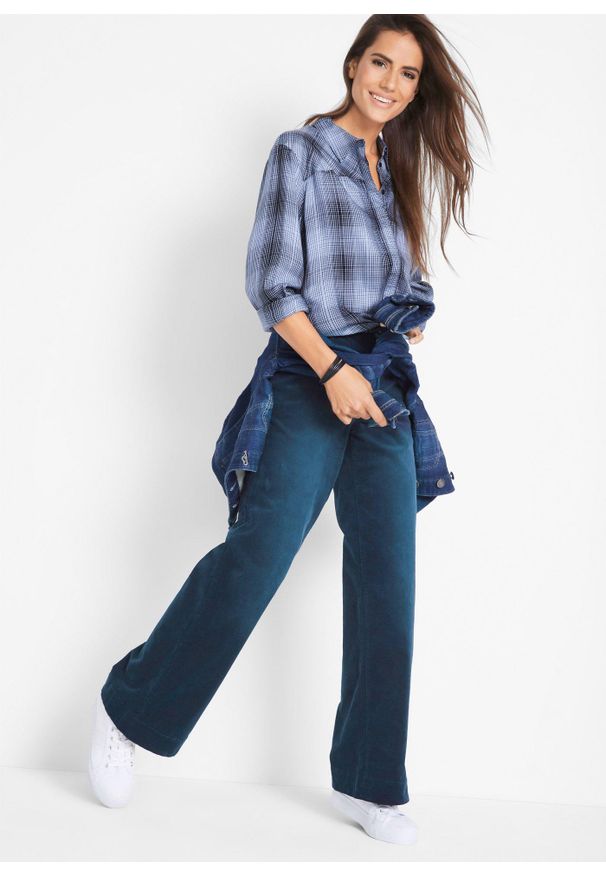 bonprix - Spodnie sztruksowe ze stretchem, wide leg. Kolor: niebieski. Materiał: sztruks