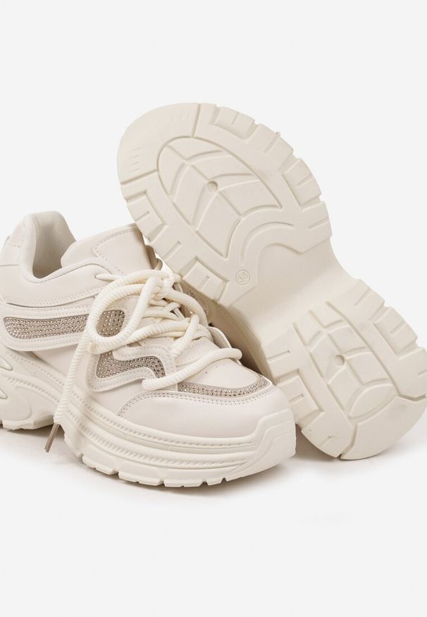 Renee - Beżowe Sneakersy na Platformie z Grubymi Sznurówkami Kilanne. Okazja: na co dzień. Kolor: beżowy. Materiał: jeans, skóra. Obcas: na platformie