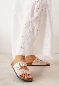 Renee - Beżowe Szydełkowe Klapki z Paskami ze Sprzączkami na Podeszwie z Imitacji Korka Elriess. Okazja: na co dzień. Kolor: beżowy. Materiał: jeans. Wzór: paski, ażurowy. Styl: boho, klasyczny, casual #8