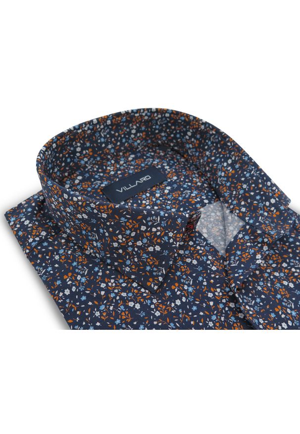 Mmer / Villaro - Koszule męskie - Granatowa koszula męska w pomarańczowe i niebieskie kwiatki I078. Kolor: wielokolorowy, niebieski, pomarańczowy. Materiał: bawełna, elastan, tkanina. Długość: długie. Wzór: kwiaty
