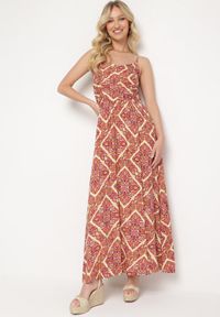 Born2be - Beżowo-Pomarańczowa Wiskozowa Sukienka na Regulowanych Ramiączkach z Gumkami w Pasie Ysilla. Okazja: na co dzień. Typ kołnierza: dekolt w kształcie V. Kolor: beżowy. Materiał: wiskoza. Długość rękawa: na ramiączkach. Sezon: lato. Styl: casual, klasyczny #1