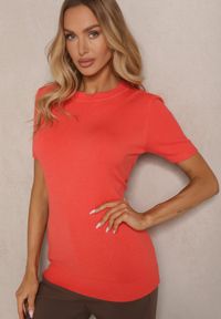 Renee - Pomarańczowy Sweter Ozdobiony Ściągaczami Sanallia. Okazja: na co dzień. Kolor: pomarańczowy. Materiał: jeans. Wzór: aplikacja. Styl: klasyczny, casual, elegancki