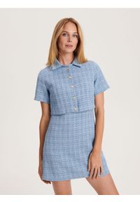 Reserved - Tweedowa sukienka mini - niebieski. Kolor: niebieski. Materiał: bawełna, tkanina. Długość: mini #1
