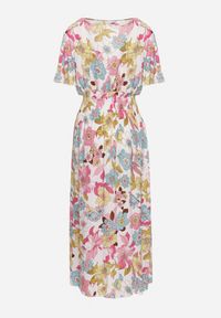 Born2be - Biało-Różowa Sukienka w Kwiaty z Kopertowym Dekoltem i Gumkami w Pasie Lomanda. Okazja: na spacer, na co dzień. Typ kołnierza: dekolt kopertowy. Kolor: biały. Wzór: kwiaty. Sezon: lato. Typ sukienki: kopertowe. Styl: elegancki, casual, klasyczny. Długość: midi #3